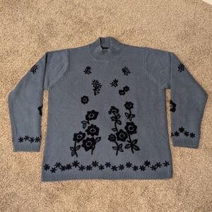 Denim & Co vintage blue floral embroidery knit sweater women's size large